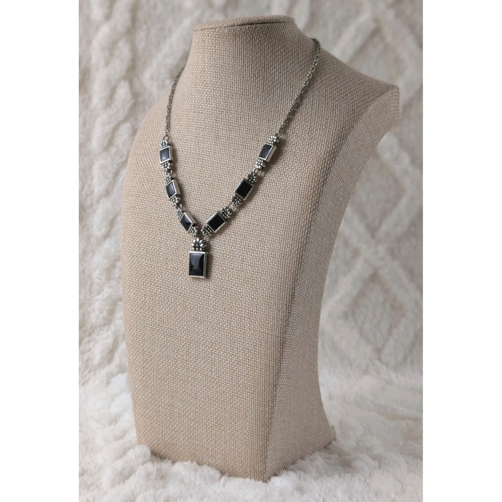 Vintage Art Deco Style Black Stone Silver Tone Statement Necklace Drop